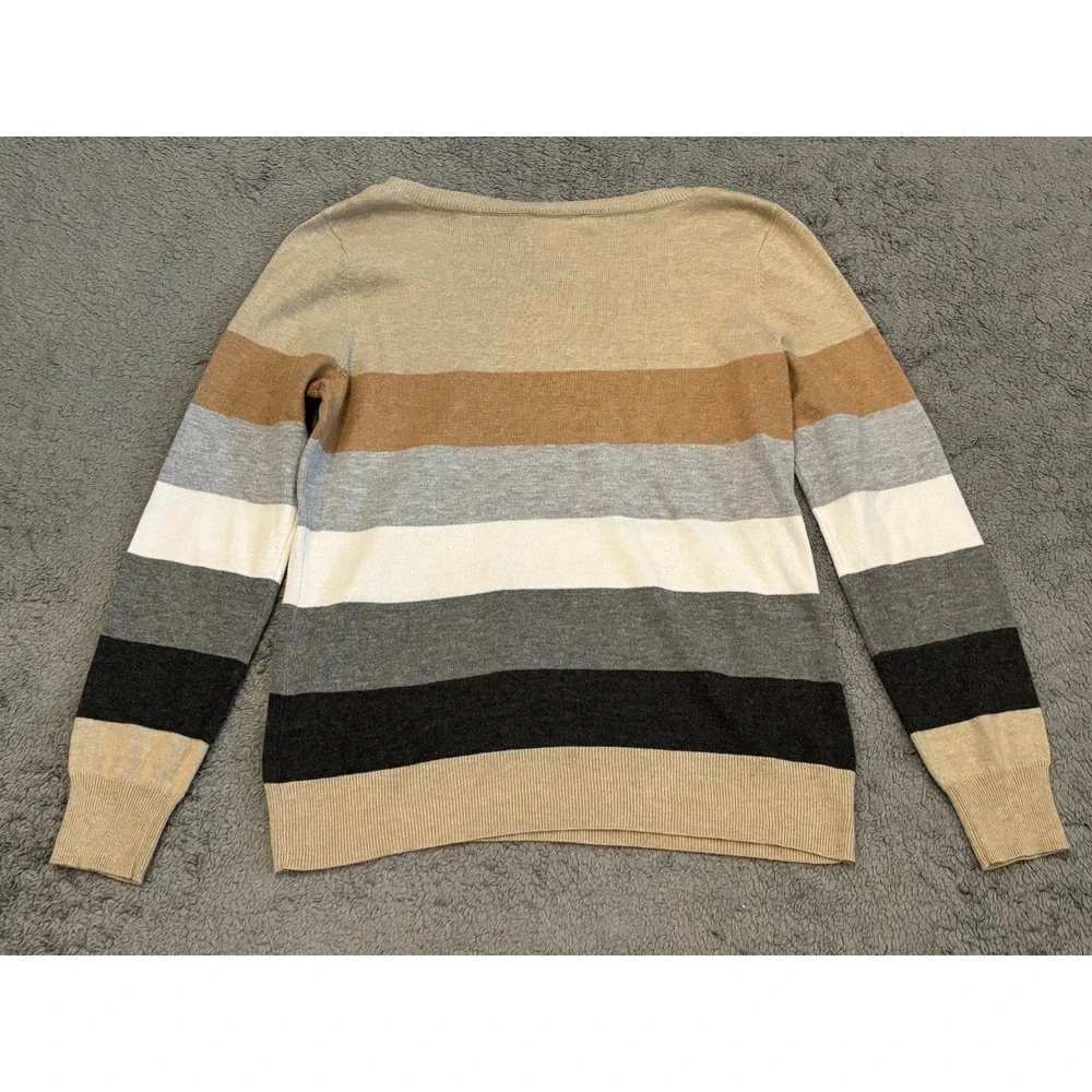 Liz Claiborne Sweater Womens Medium Beige Striped Knit Boatneck Long Sleeve